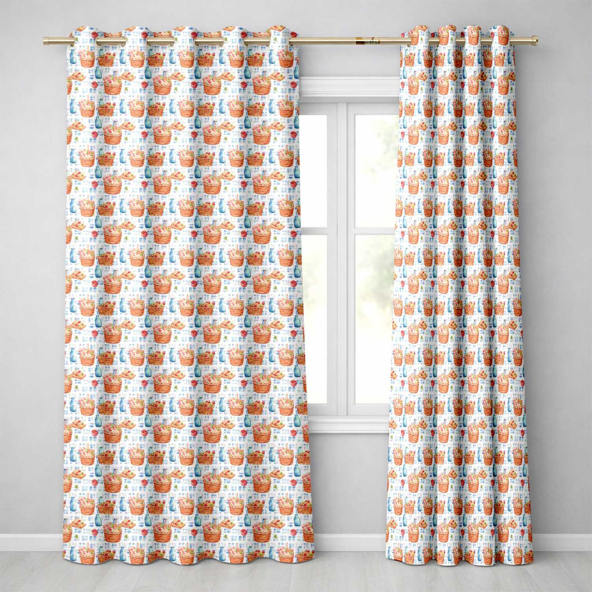 Watercolor Picnic Basket Food and Bottle Seamless Pattern Readymade Eyelet Ring Top Thermal 100% Blackout Curtains