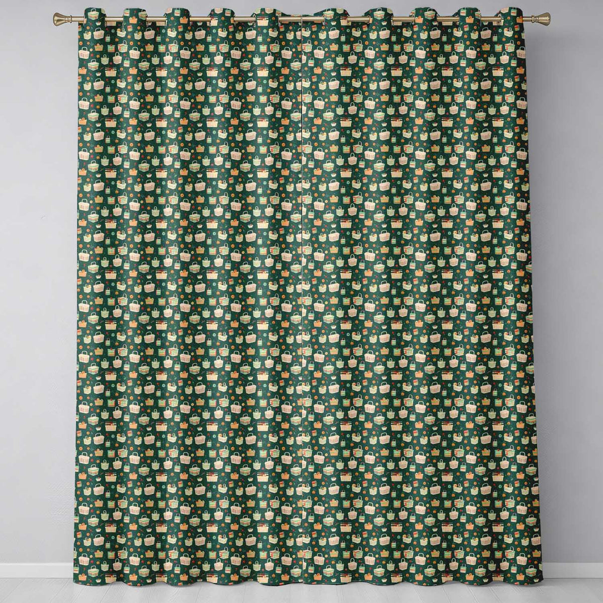 Playful Picnic Baskets and Fruit Dark Background Seamless Pattern Readymade Eyelet Ring Top Thermal 100% Blackout Curtains