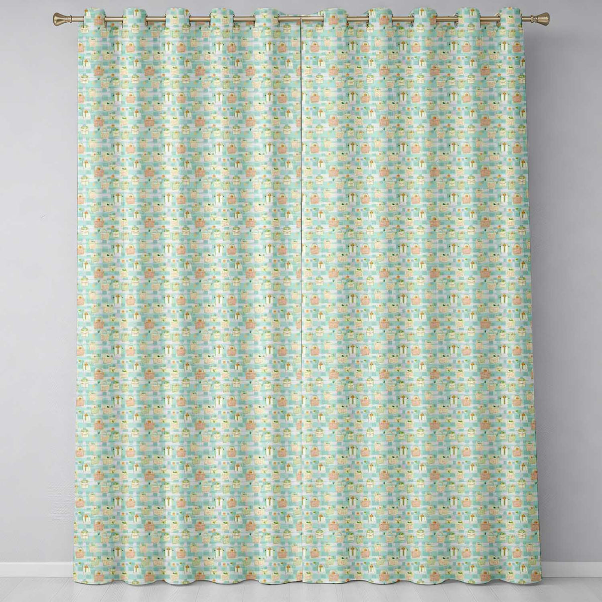 Soft Pastel Picnic Basket and Fruit Motif Seamless Pattern Readymade Eyelet Ring Top Thermal 100% Blackout Curtains