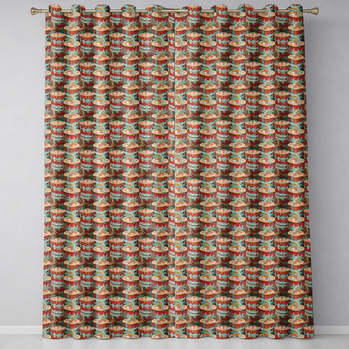 Detailed Wicker Picnic Baskets Close Up Seamless Pattern Readymade Eyelet Ring Top Thermal 100% Blackout Curtains