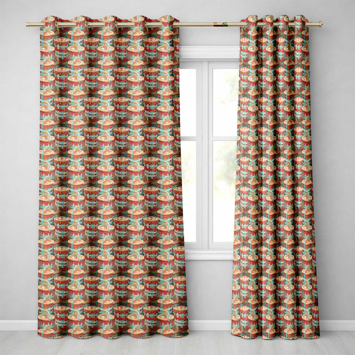 Detailed Wicker Picnic Baskets Close Up Seamless Pattern Readymade Eyelet Ring Top Thermal 100% Blackout Curtains