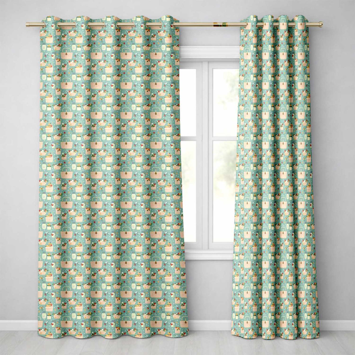 Fresh Picnic Baskets with Flowers and Jars Seamless Pattern Readymade Eyelet Ring Top Thermal 100% Blackout Curtains