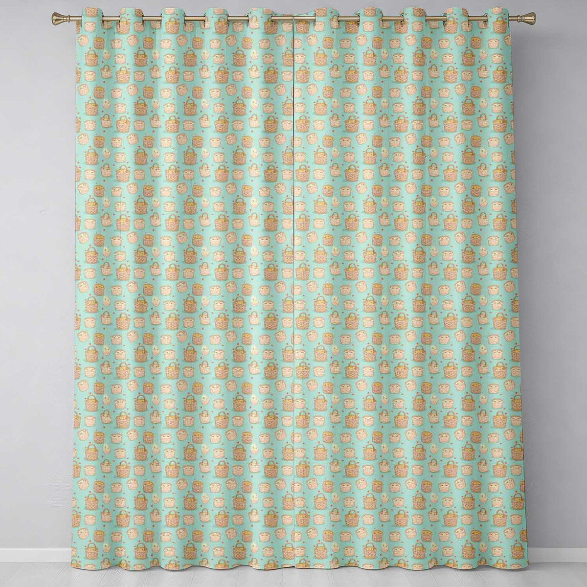 Cute Wicker Picnic Baskets with Food Elements Seamless Pattern Readymade Eyelet Ring Top Thermal 100% Blackout Curtains