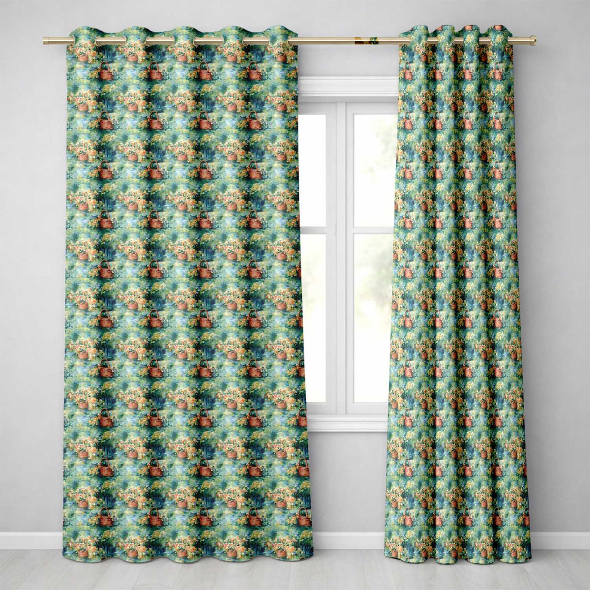 Impressionist Garden Picnic Baskets Floral Landscape Seamless Pattern Readymade Eyelet Ring Top Thermal 100% Blackout Curtains