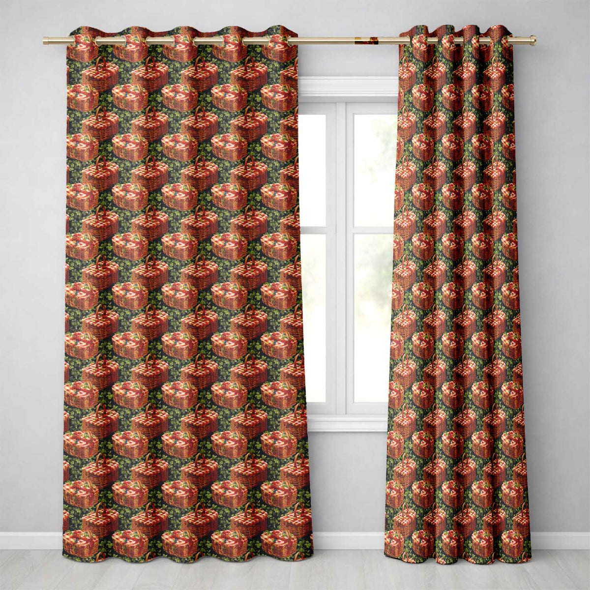 Red Gingham Picnic Basket with Strawberries Seamless Pattern Readymade Eyelet Ring Top Thermal 100% Blackout Curtains