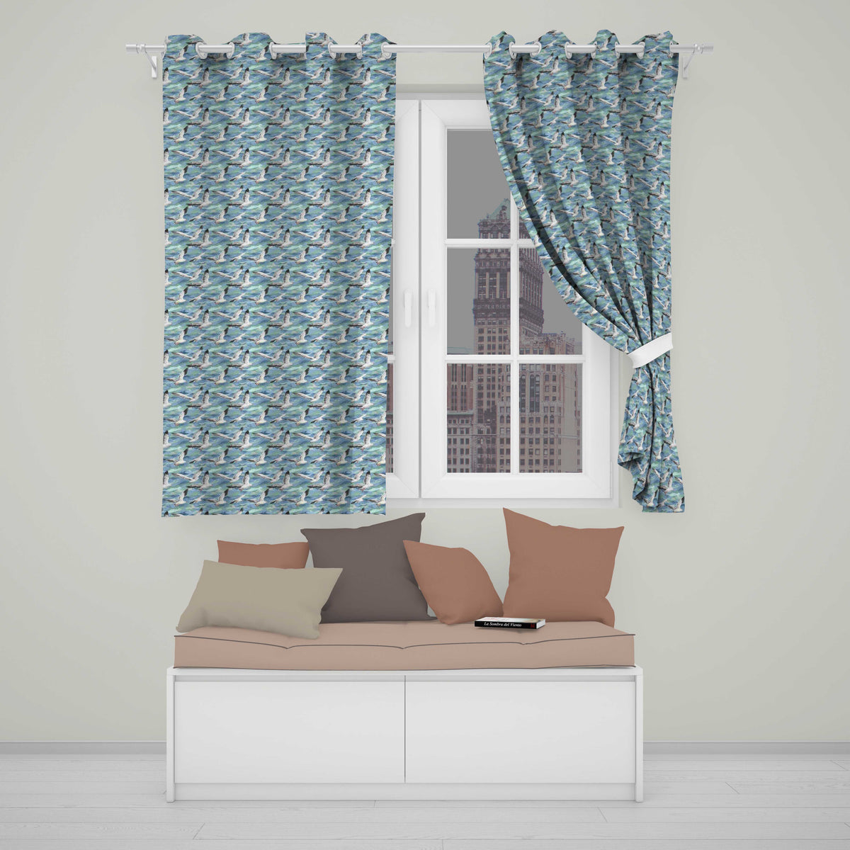 Realistic Seagulls Over Blue Sea Waves Seamless Pattern Readymade Eyelet Ring Top Thermal 100% Blackout Curtains