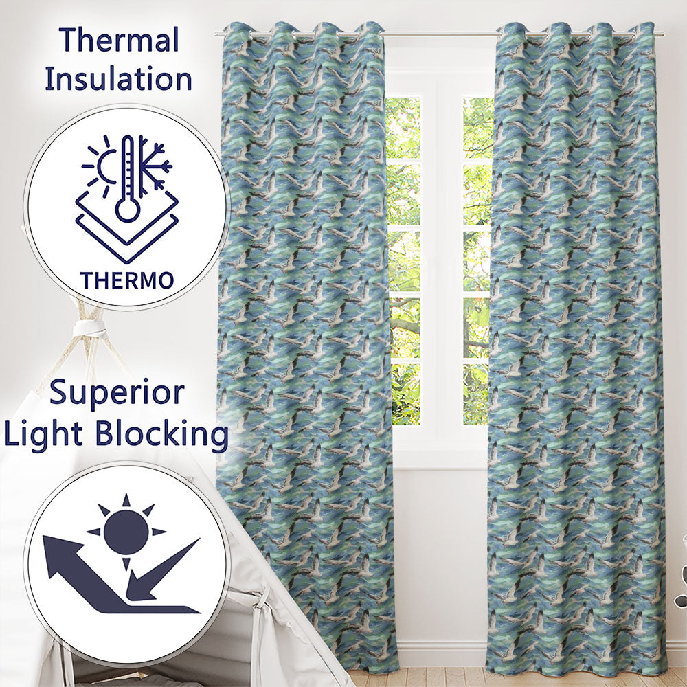 Realistic Seagulls Over Blue Sea Waves Seamless Pattern Readymade Eyelet Ring Top Thermal 100% Blackout Curtains