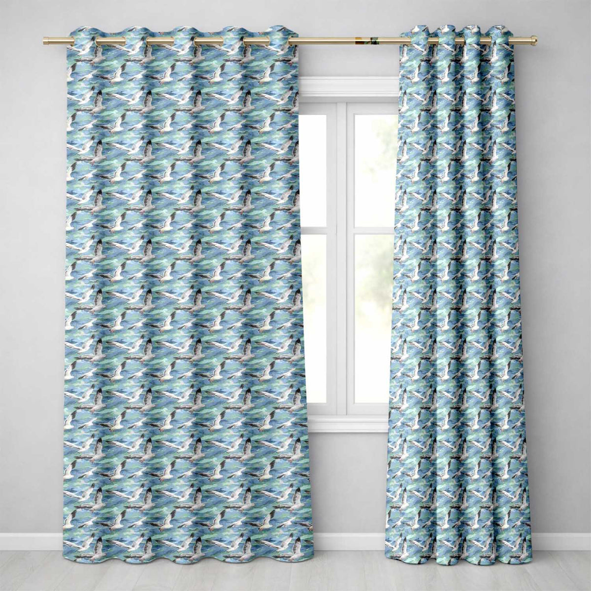 Realistic Seagulls Over Blue Sea Waves Seamless Pattern Readymade Eyelet Ring Top Thermal 100% Blackout Curtains