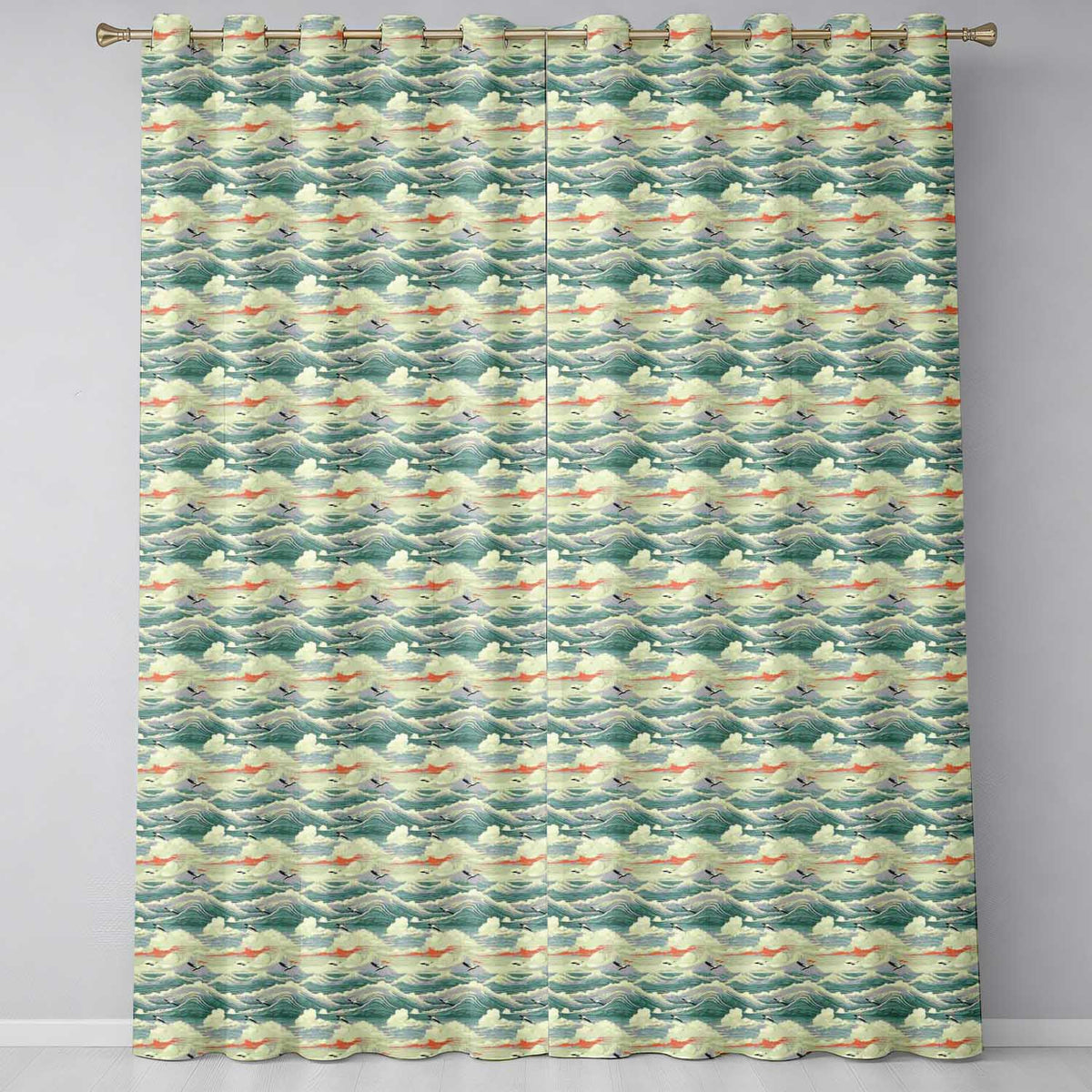 Ocean Waves with Flying Seabirds Scenic Seamless Pattern Readymade Eyelet Ring Top Thermal 100% Blackout Curtains