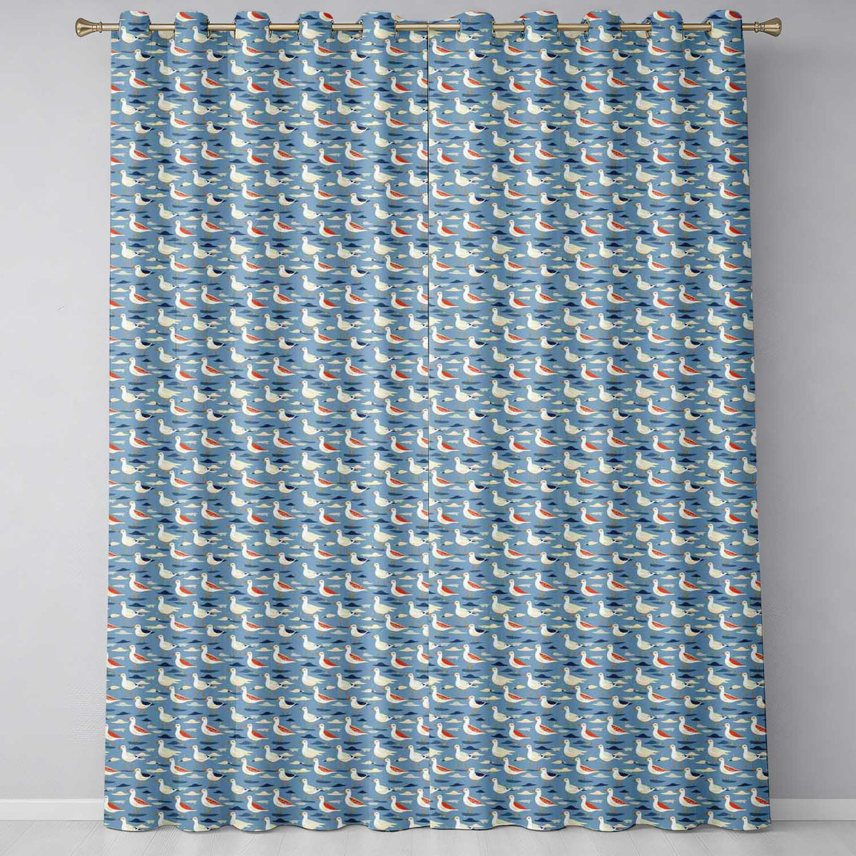 Stylized Seagulls with Abstract Ocean Shapes Seamless Pattern Readymade Eyelet Ring Top Thermal 100% Blackout Curtains