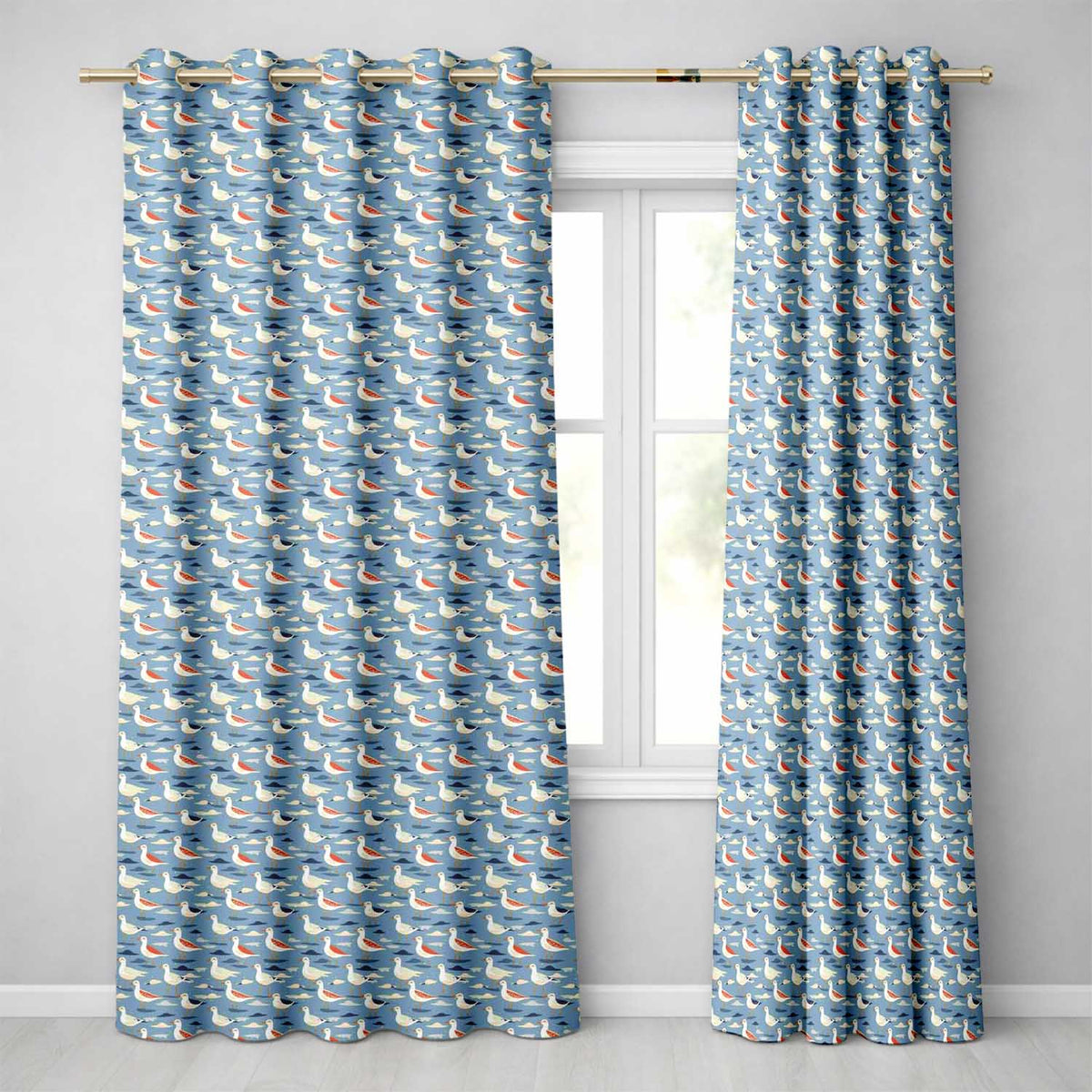 Stylized Seagulls with Abstract Ocean Shapes Seamless Pattern Readymade Eyelet Ring Top Thermal 100% Blackout Curtains