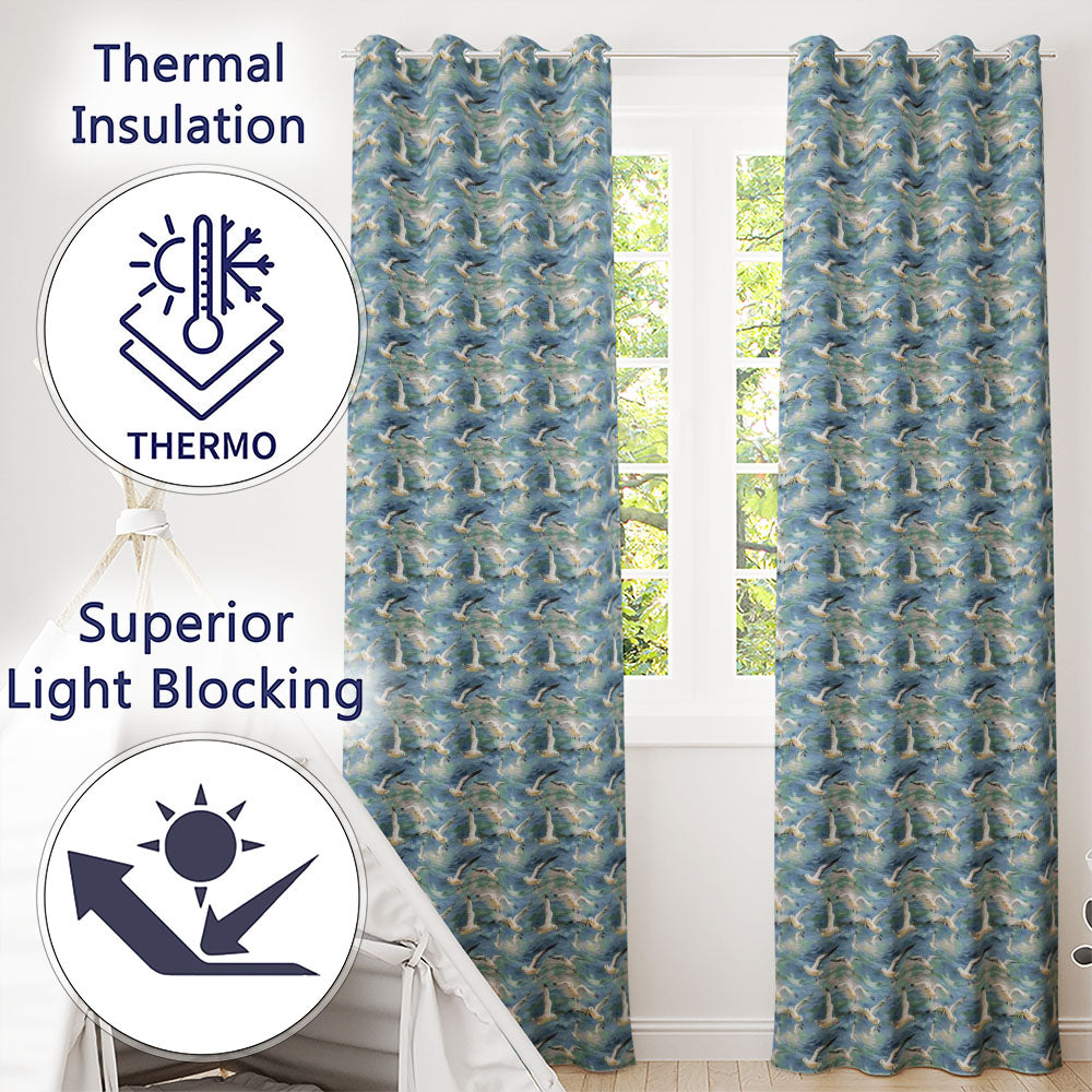 Soft Watercolor Seagulls in Flight Over Sea Seamless Pattern Readymade Eyelet Ring Top Thermal 100% Blackout Curtains