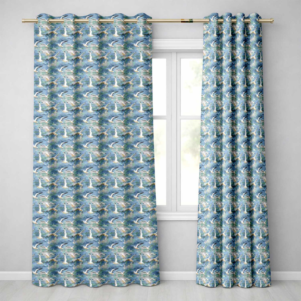 Soft Watercolor Seagulls in Flight Over Sea Seamless Pattern Readymade Eyelet Ring Top Thermal 100% Blackout Curtains