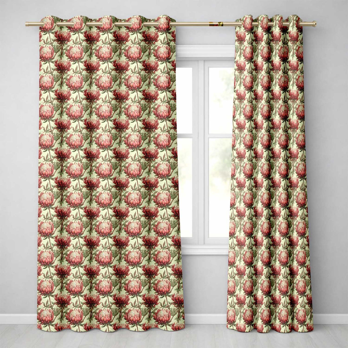 Vintage Style Red Protea Floral Seamless Pattern Readymade Eyelet Ring Top Thermal 100% Blackout Curtains
