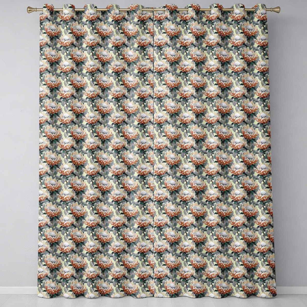 Elegant White and Orange Protea Botanical Seamless Pattern Readymade Eyelet Ring Top Thermal 100% Blackout Curtains