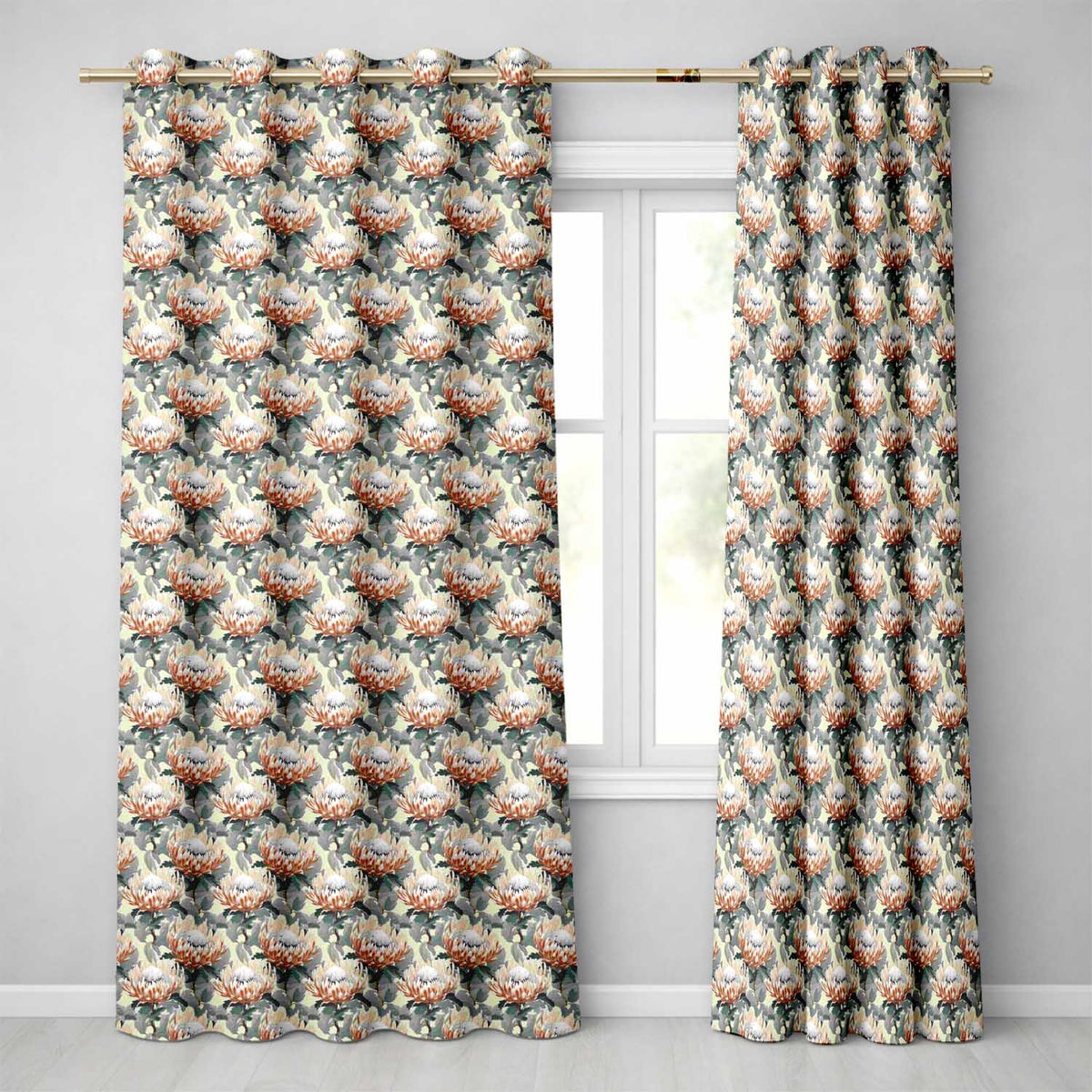Elegant White and Orange Protea Botanical Seamless Pattern Readymade Eyelet Ring Top Thermal 100% Blackout Curtains