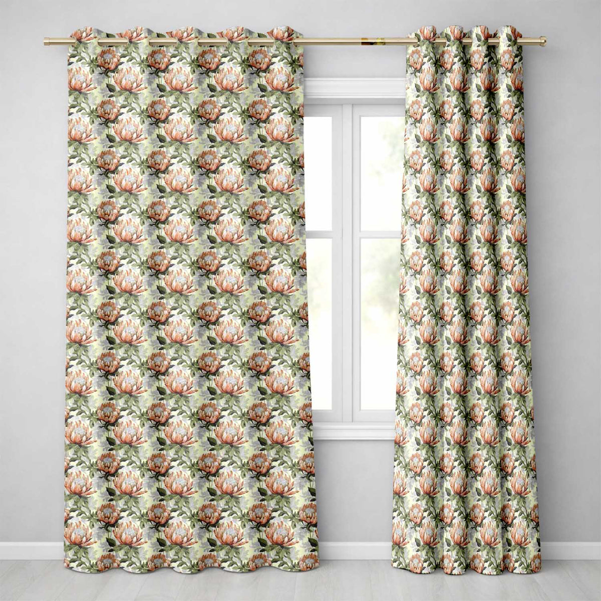 Neutral Tone Protea Botanical Floral Seamless Pattern Readymade Eyelet Ring Top Thermal 100% Blackout Curtains