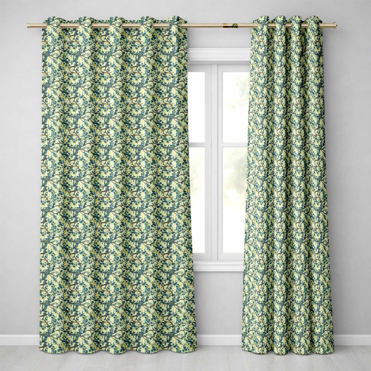 Elegant Blue Floral Branches on Cream Background Seamless Pattern Readymade Eyelet Ring Top Thermal 100% Blackout Curtains