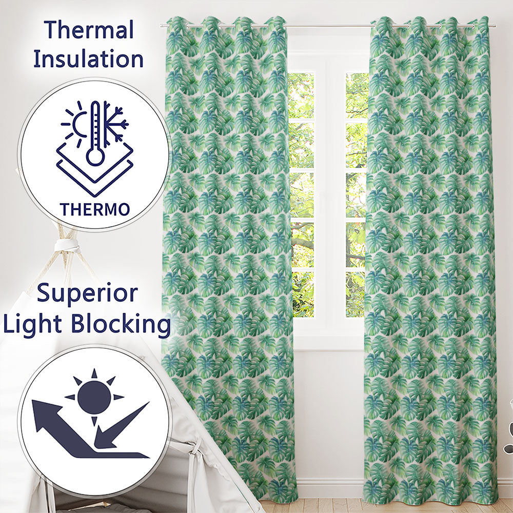 Green Tropical Monstera Leaves on White Background Seamless Pattern Readymade Eyelet Ring Top Thermal 100% Blackout Curtains