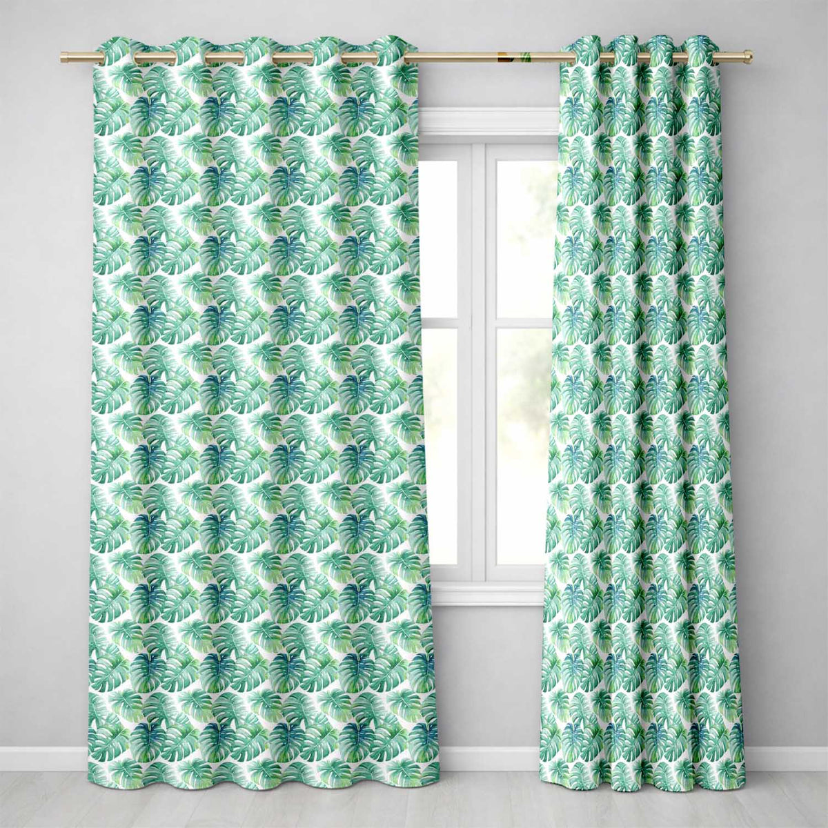 Green Tropical Monstera Leaves on White Background Seamless Pattern Readymade Eyelet Ring Top Thermal 100% Blackout Curtains