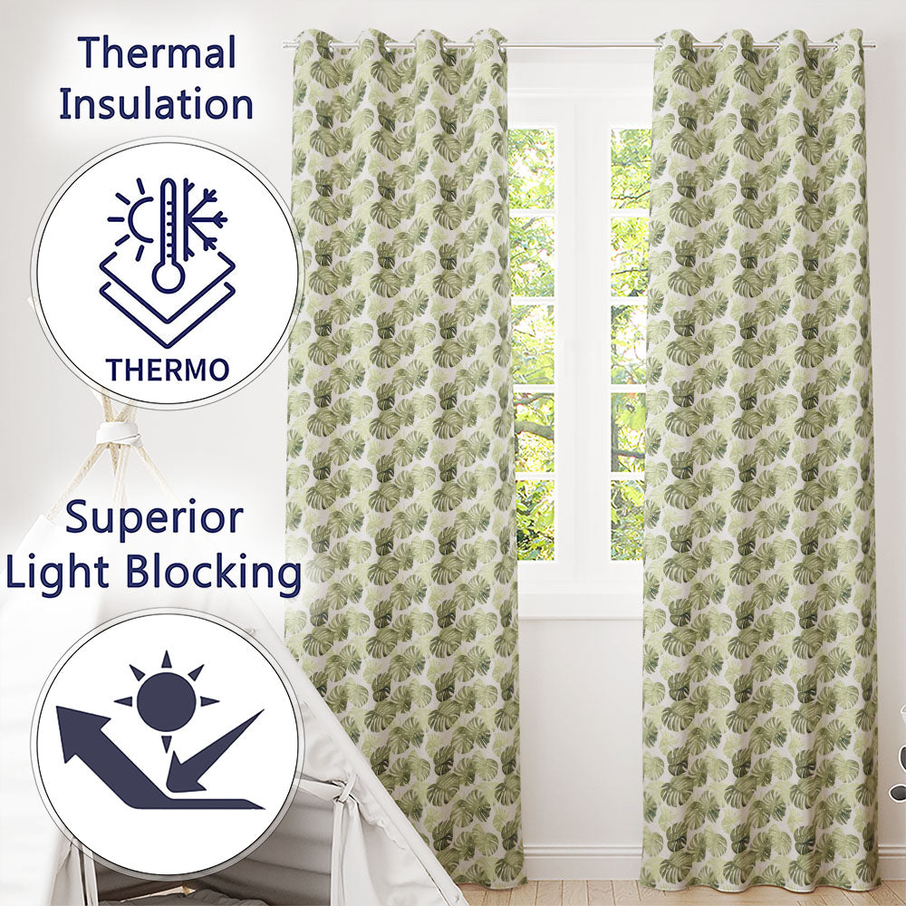 Fresh Watercolor Monstera Leaves in Soft Green Shades Seamless Pattern Readymade Eyelet Ring Top Thermal 100% Blackout Curtains