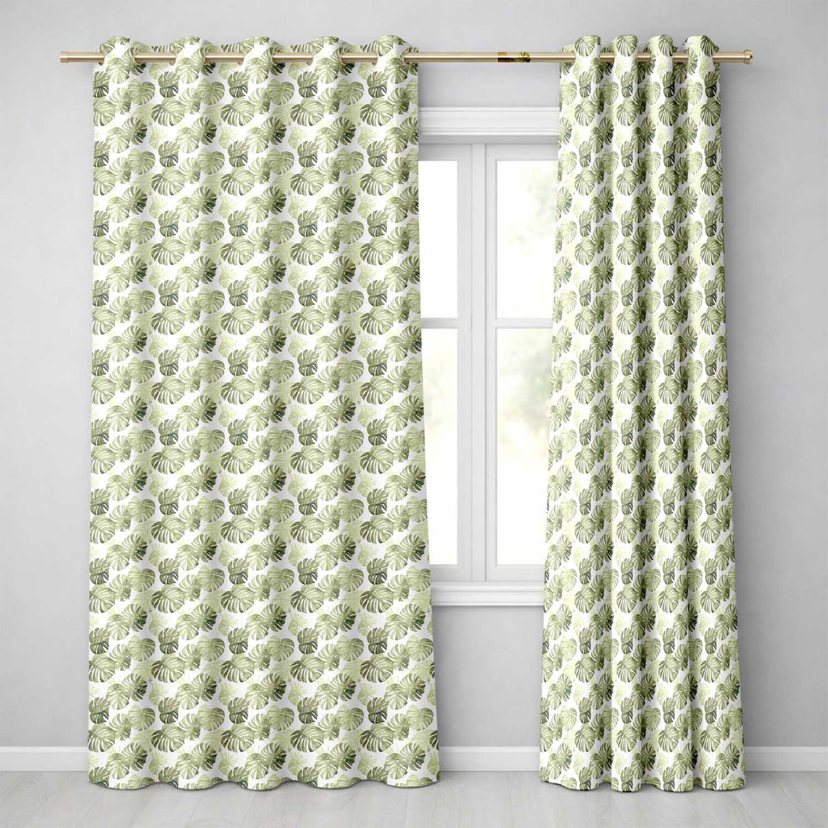 Fresh Watercolor Monstera Leaves in Soft Green Shades Seamless Pattern Readymade Eyelet Ring Top Thermal 100% Blackout Curtains