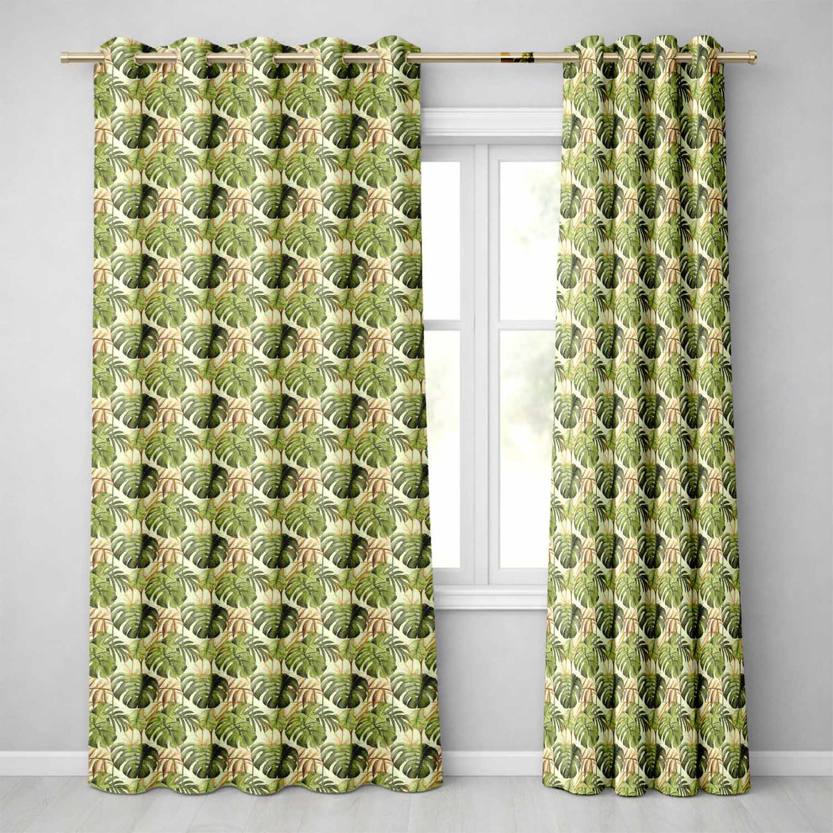Layered Tropical Monstera and Palm Leaves Natural Green Seamless Pattern Readymade Eyelet Ring Top Thermal 100% Blackout Curtains