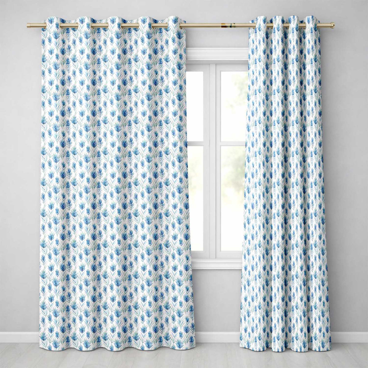 Blue Botanical Leaves Watercolor Floral Seamless Pattern Readymade Eyelet Ring Top Thermal 100% Blackout Curtains
