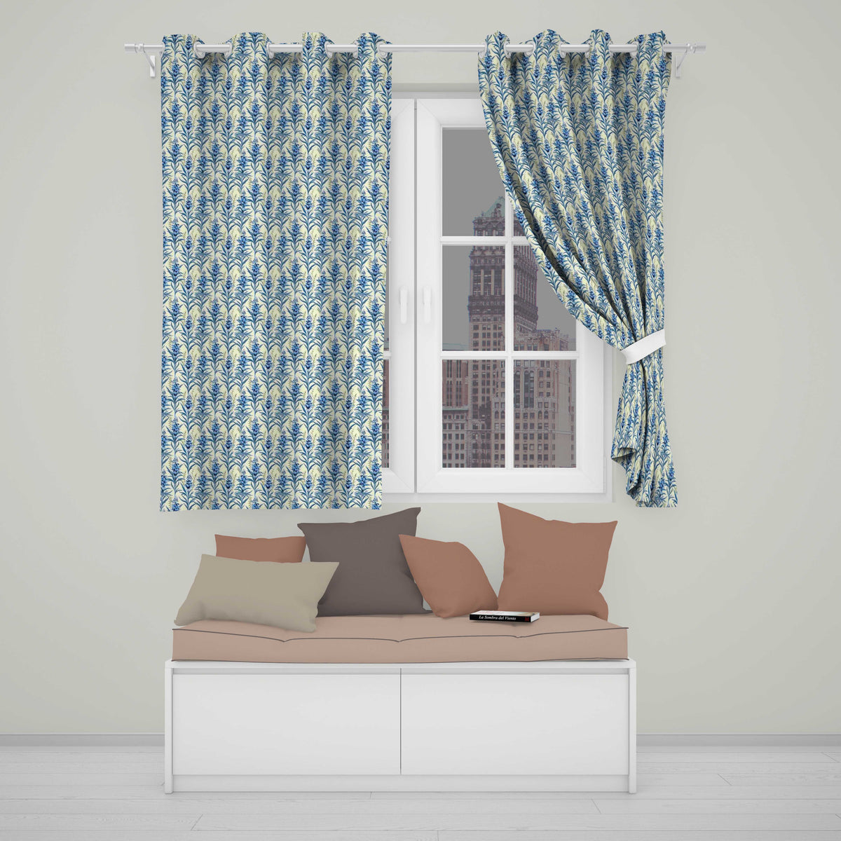 Blue Botanical Vertical Floral Sprig Seamless Pattern Readymade Eyelet Ring Top Thermal 100% Blackout Curtains