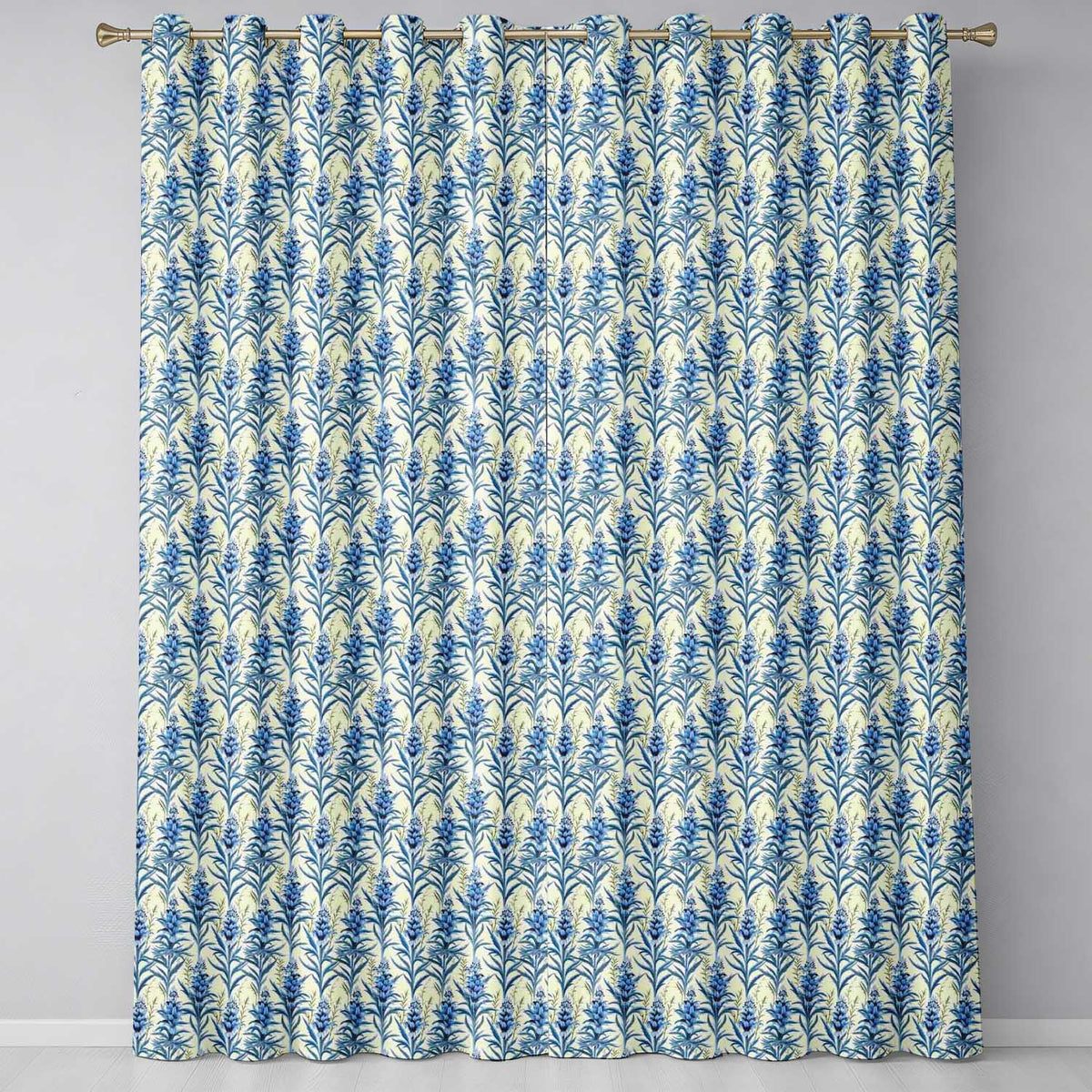 Blue Botanical Vertical Floral Sprig Seamless Pattern Readymade Eyelet Ring Top Thermal 100% Blackout Curtains