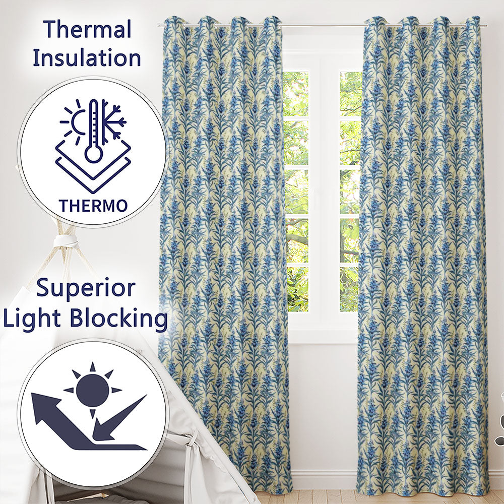 Blue Botanical Vertical Floral Sprig Seamless Pattern Readymade Eyelet Ring Top Thermal 100% Blackout Curtains