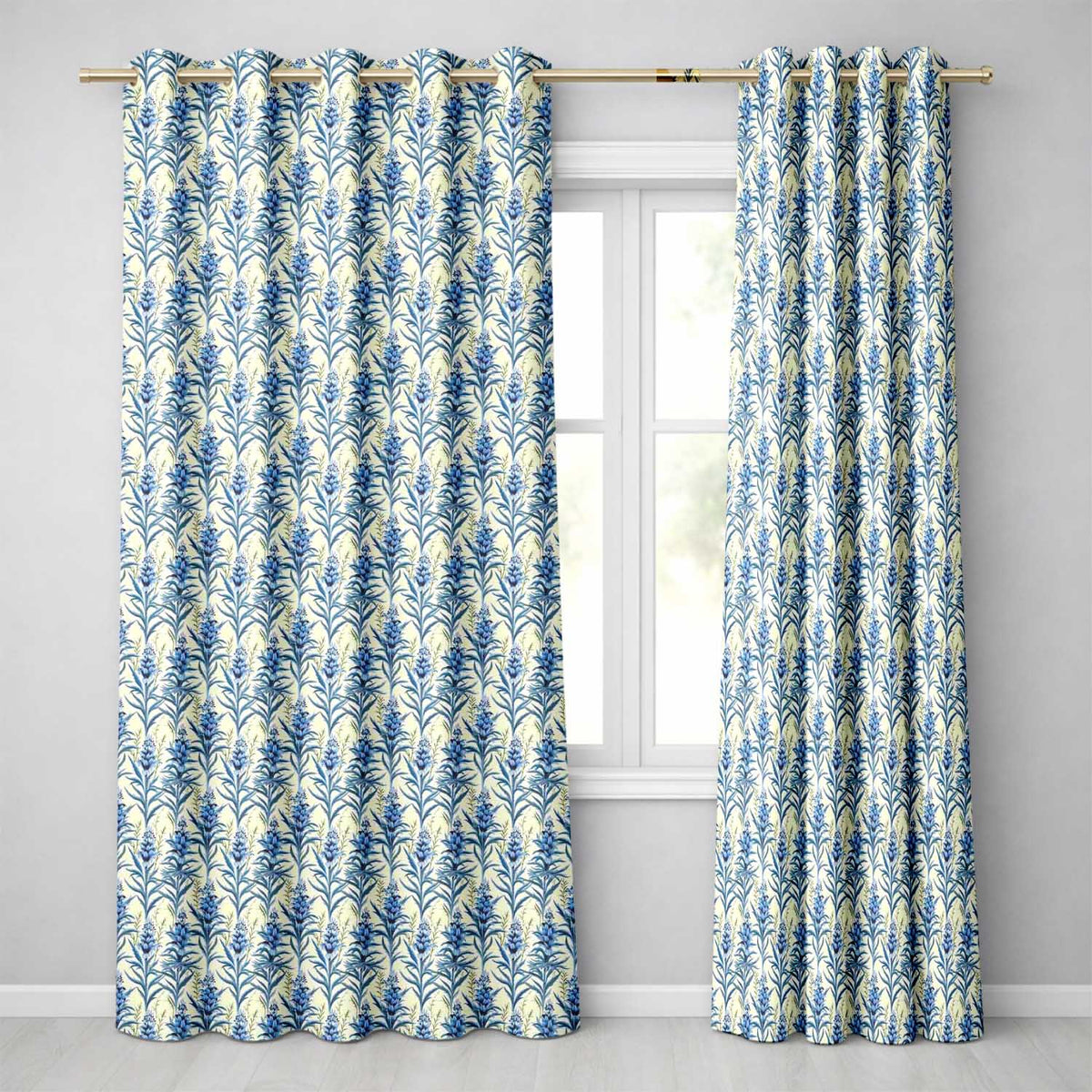 Blue Botanical Vertical Floral Sprig Seamless Pattern Readymade Eyelet Ring Top Thermal 100% Blackout Curtains