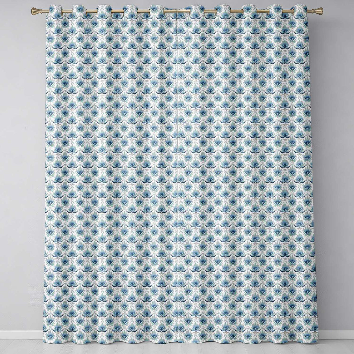 Soft Blue Lotus Style Floral Repeat Seamless Pattern Readymade Eyelet Ring Top Thermal 100% Blackout Curtains