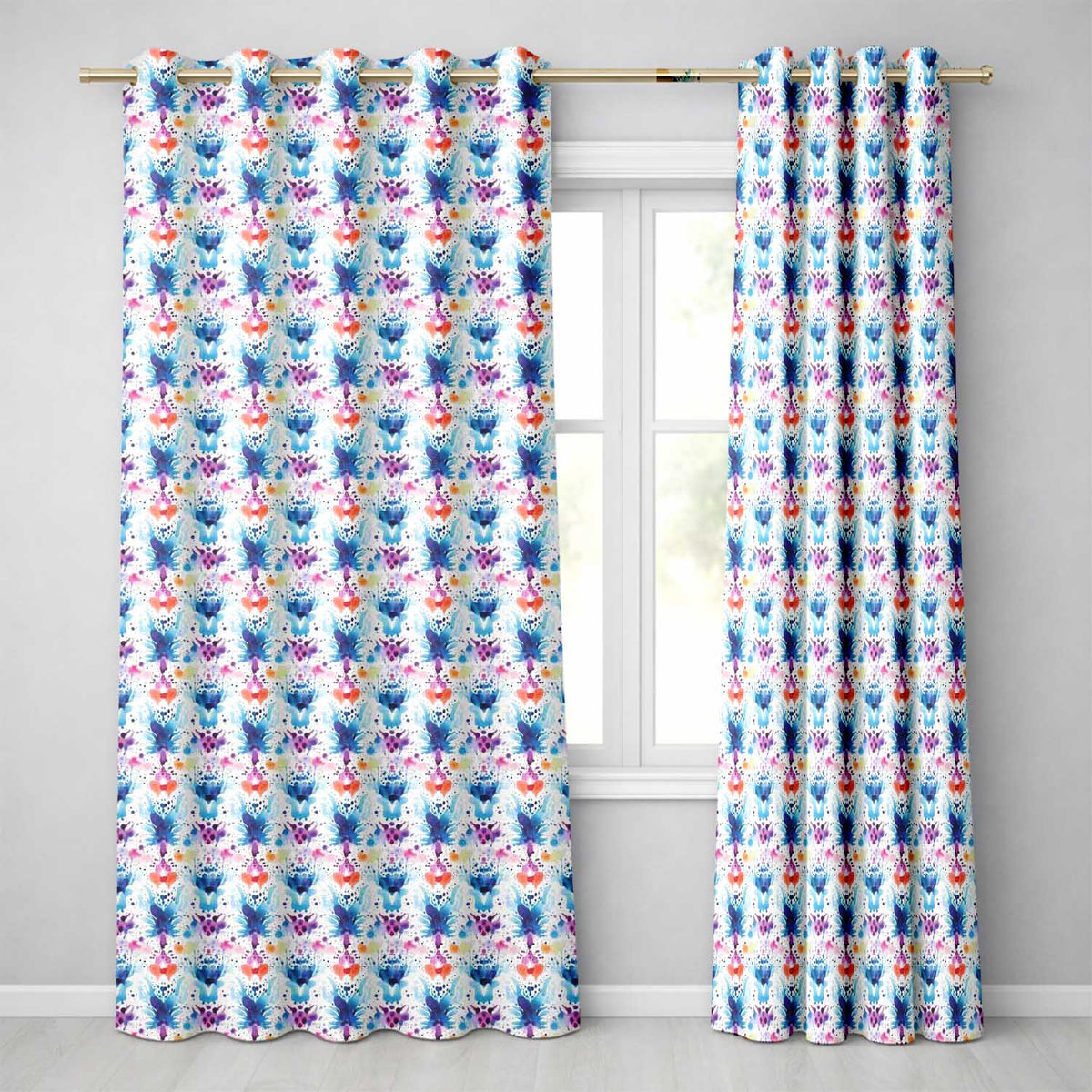 Blue Purple Watercolor Floral Abstract Artistic Seamless Pattern Readymade Eyelet Ring Top Thermal 100% Blackout Curtains