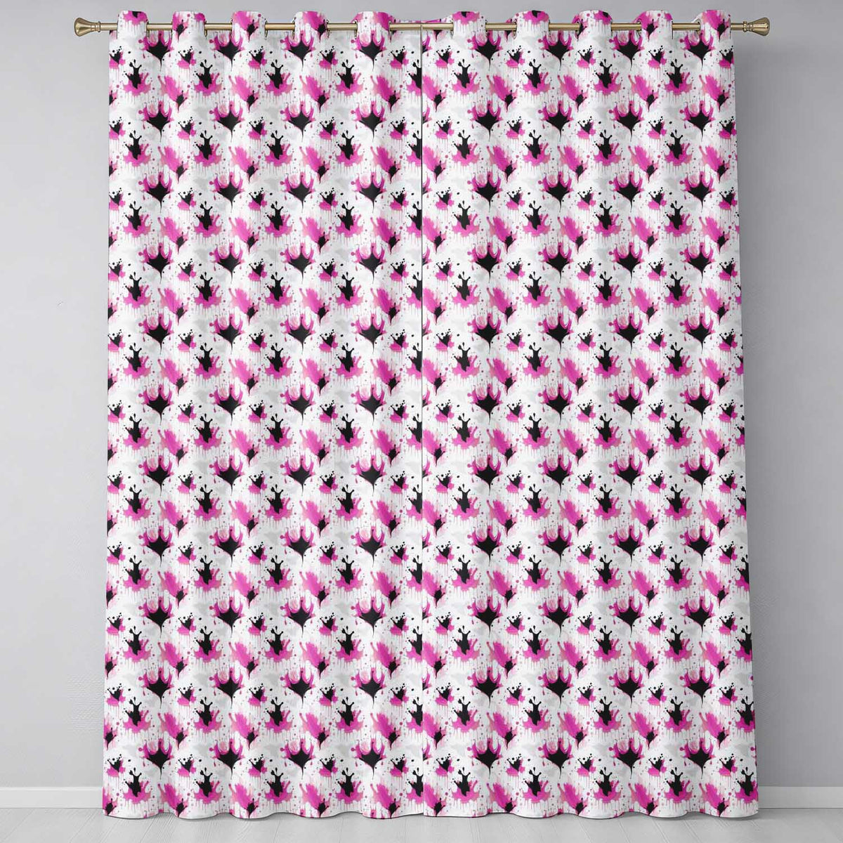 Pink Black Ink Blot Splash Modern Abstract Seamless Pattern Readymade Eyelet Ring Top Thermal 100% Blackout Curtains
