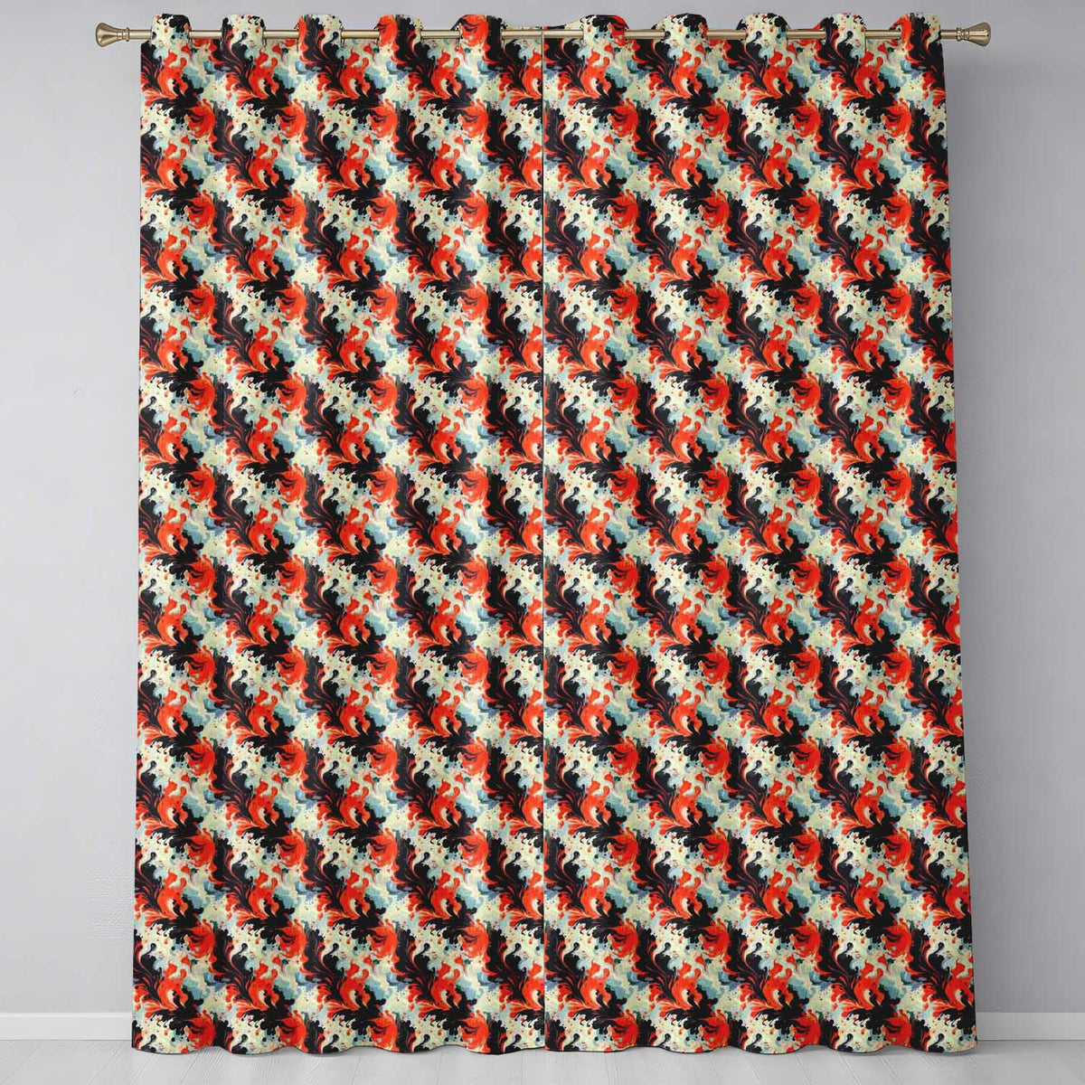 Abstract Orange Black Fluid Marble Swirl Seamless Pattern Readymade Eyelet Ring Top Thermal 100% Blackout Curtains