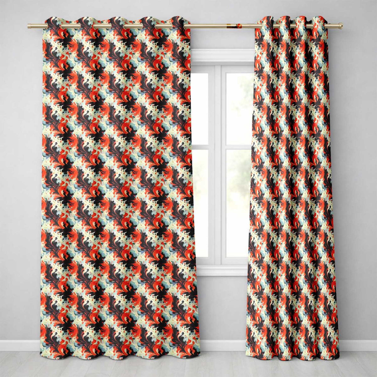 Abstract Orange Black Fluid Marble Swirl Seamless Pattern Readymade Eyelet Ring Top Thermal 100% Blackout Curtains