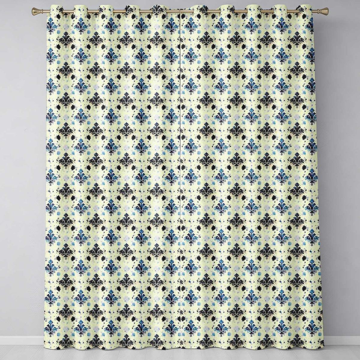 Blue Floral Damask Ink Splash Vintage Seamless Pattern Readymade Eyelet Ring Top Thermal 100% Blackout Curtains