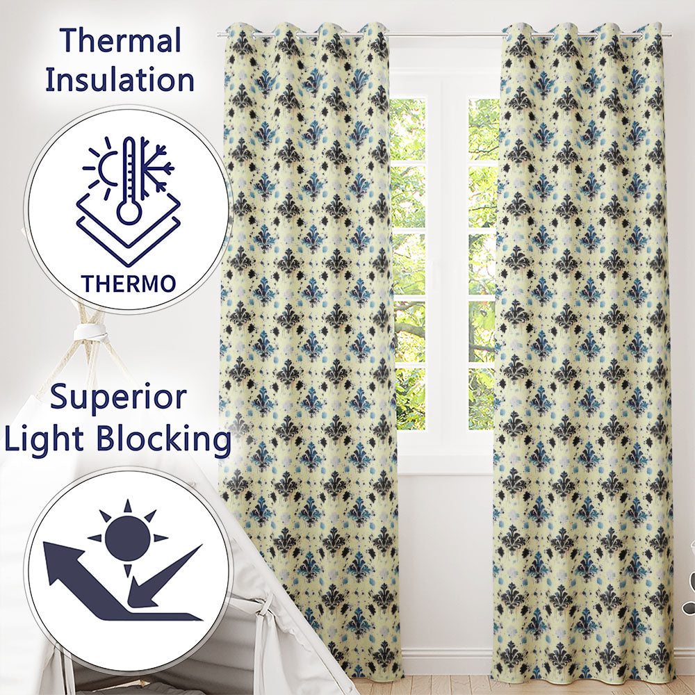Blue Floral Damask Ink Splash Vintage Seamless Pattern Readymade Eyelet Ring Top Thermal 100% Blackout Curtains
