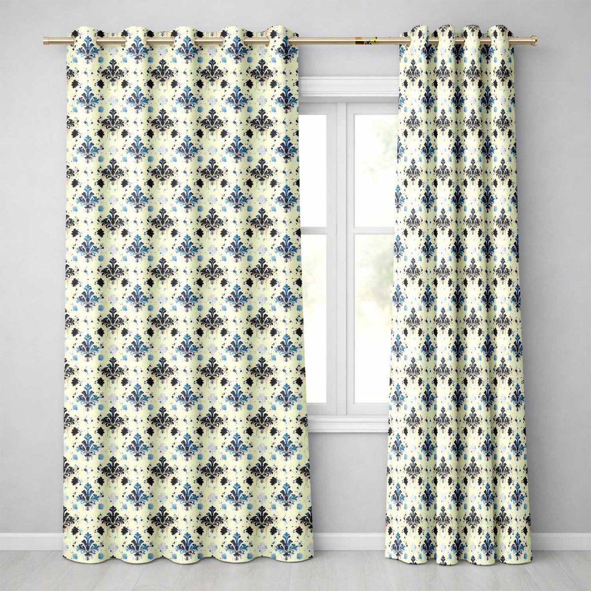 Blue Floral Damask Ink Splash Vintage Seamless Pattern Readymade Eyelet Ring Top Thermal 100% Blackout Curtains