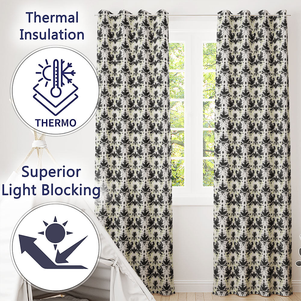 Black Damask Silhouette Ornamental Seamless Pattern Readymade Eyelet Ring Top Thermal 100% Blackout Curtains