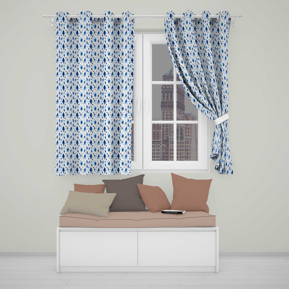Blue Watercolour Droplet Abstract Seamless Pattern Readymade Eyelet Ring Top Thermal 100% Blackout Curtains