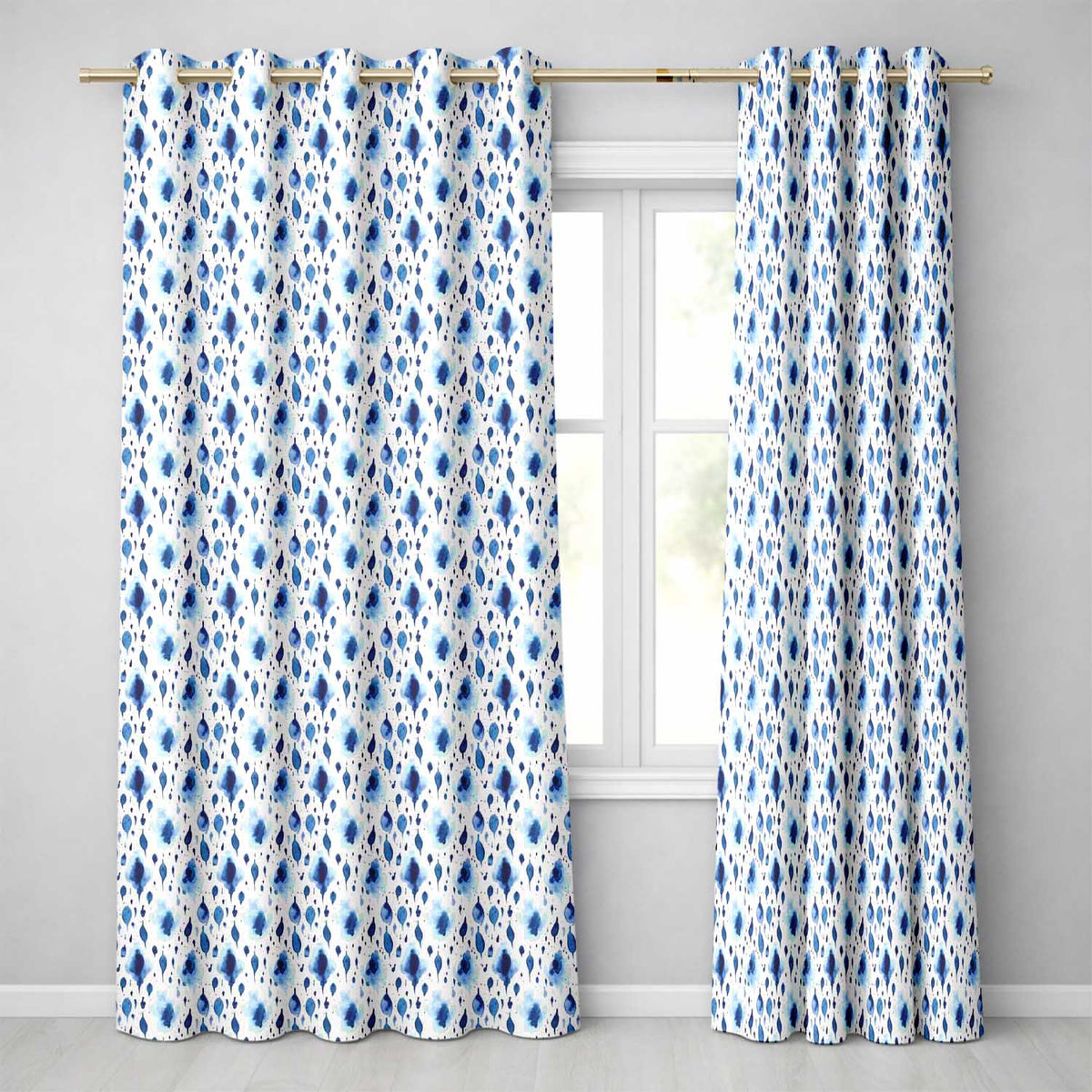 Blue Watercolour Droplet Abstract Seamless Pattern Readymade Eyelet Ring Top Thermal 100% Blackout Curtains