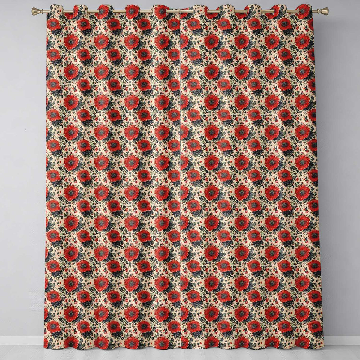 Red Floral Vintage Garden Seamless Pattern Readymade Eyelet Ring Top Thermal 100% Blackout Curtains