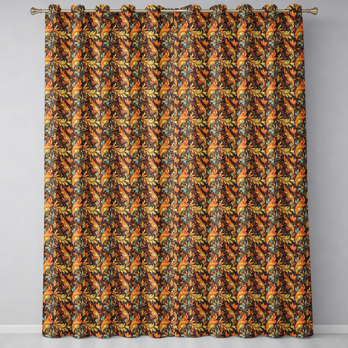 Golden Orange Ornamental Paisley Leaf Swirl Seamless Pattern Readymade Eyelet Ring Top Thermal 100% Blackout Curtains