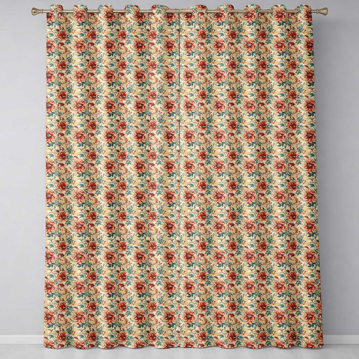 Vintage Orange Blue Botanical Floral Seamless Pattern Readymade Eyelet Ring Top Thermal 100% Blackout Curtains