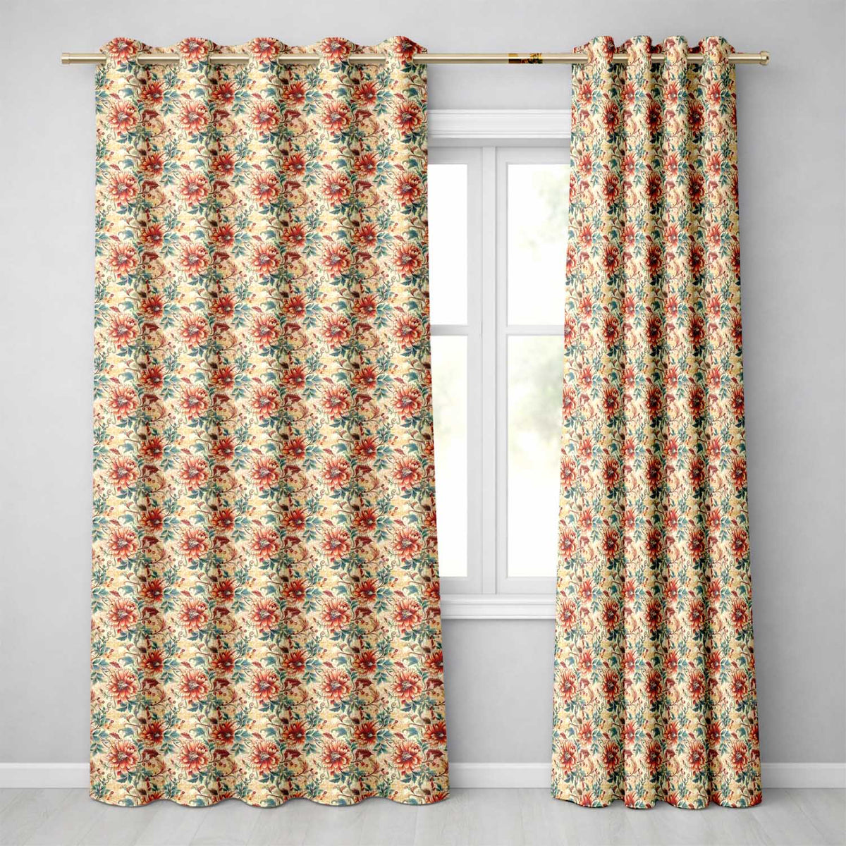 Vintage Orange Blue Botanical Floral Seamless Pattern Readymade Eyelet Ring Top Thermal 100% Blackout Curtains