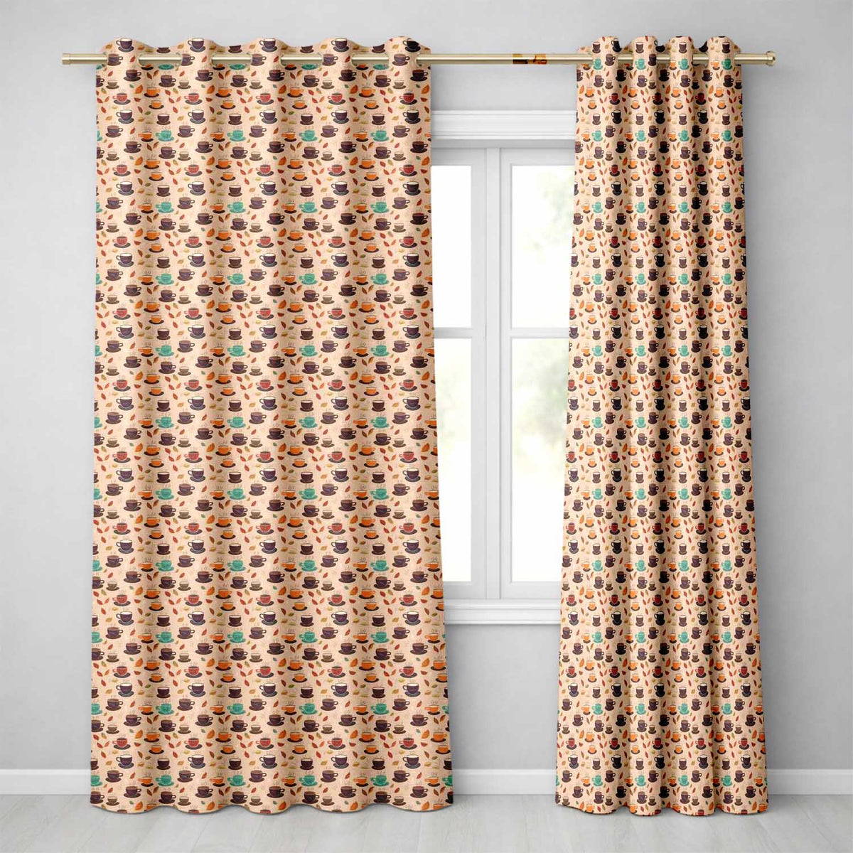 Autumn Coffee Cups with Falling Leaves Seamless Pattern Readymade Eyelet Ring Top Thermal 100% Blackout Curtains