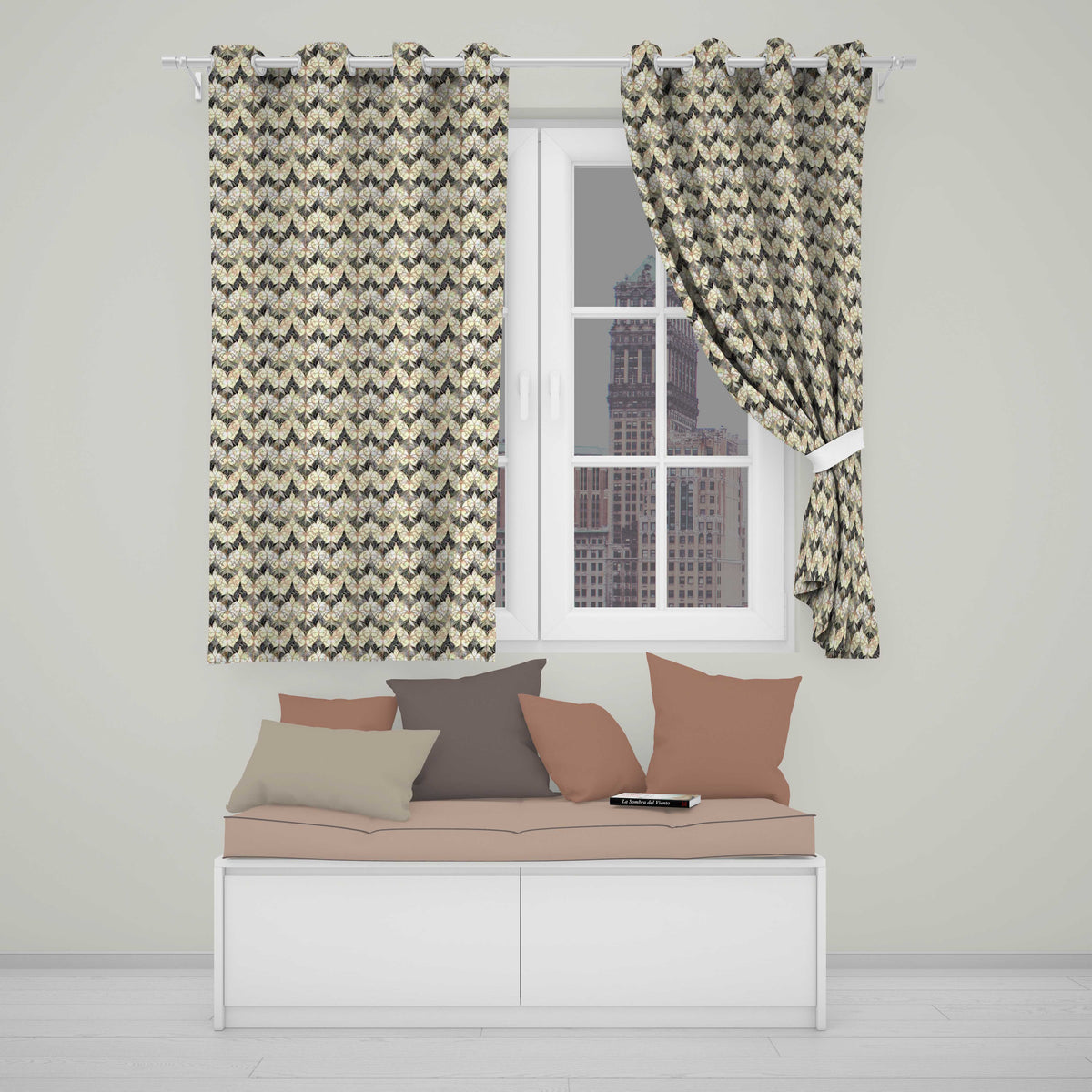 Elegant Vintage Damask Floral Beige and Charcoal Seamless Pattern Readymade Eyelet Ring Top Thermal 100% Blackout Curtains