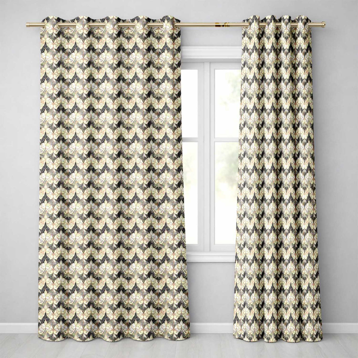 Elegant Vintage Damask Floral Beige and Charcoal Seamless Pattern Readymade Eyelet Ring Top Thermal 100% Blackout Curtains